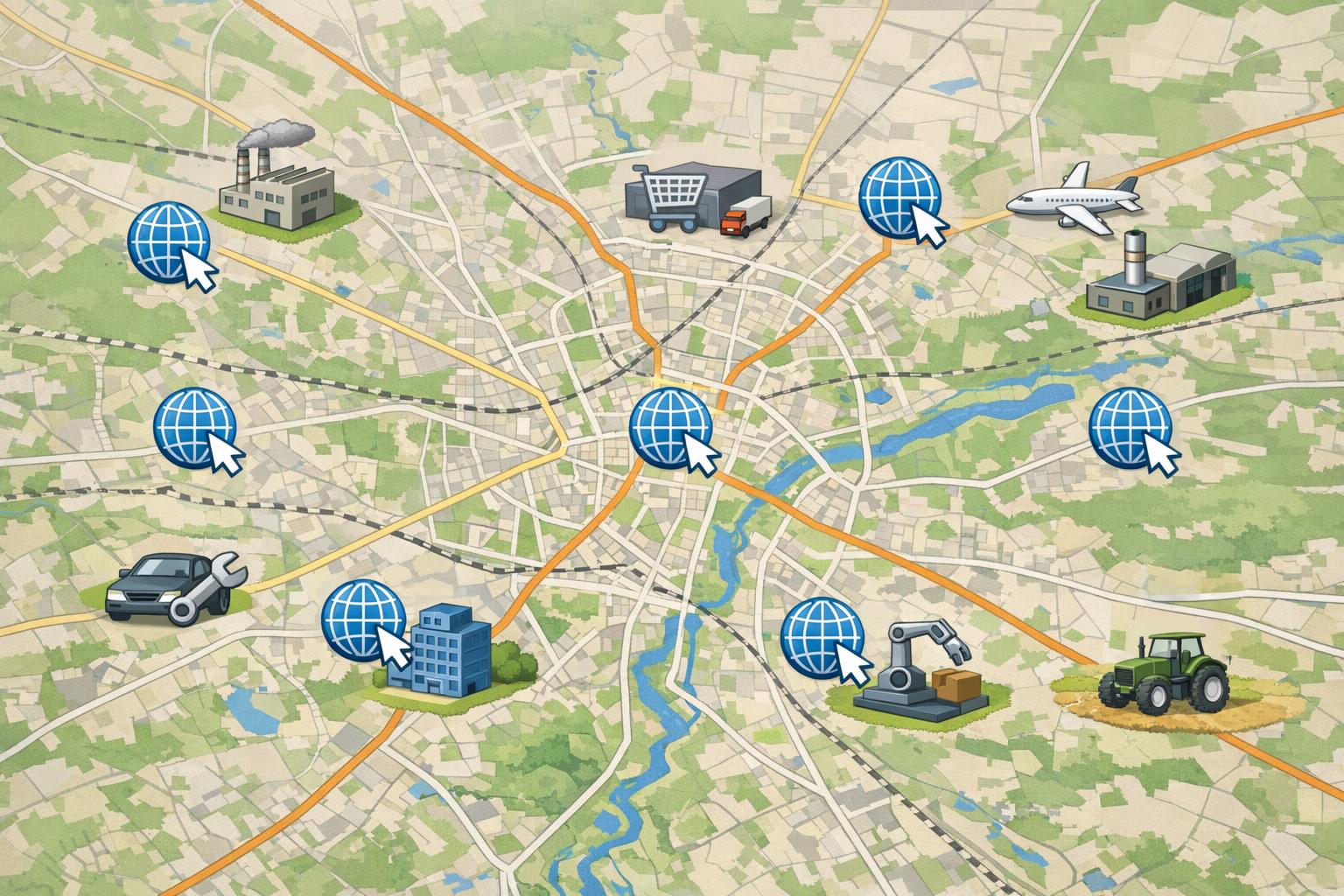 Mapa Radomia z zaznaczonymi firmami i ikoną strony internetowej